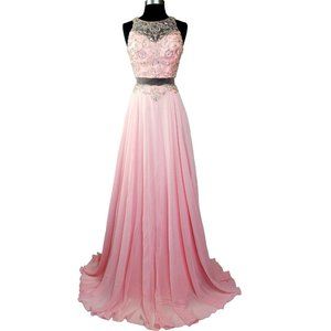 SHEER Embroidery Mock Two Piece Rhinestones Beaded Long Evening Gown prom dress